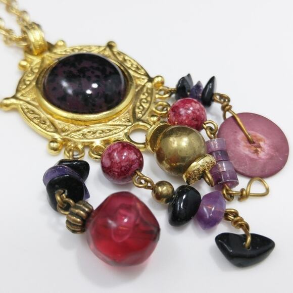 Express Bead Dangle Pendant Necklace, Pink Gold, 36 Inches, Red Purple Beads - Picture 4 of 8